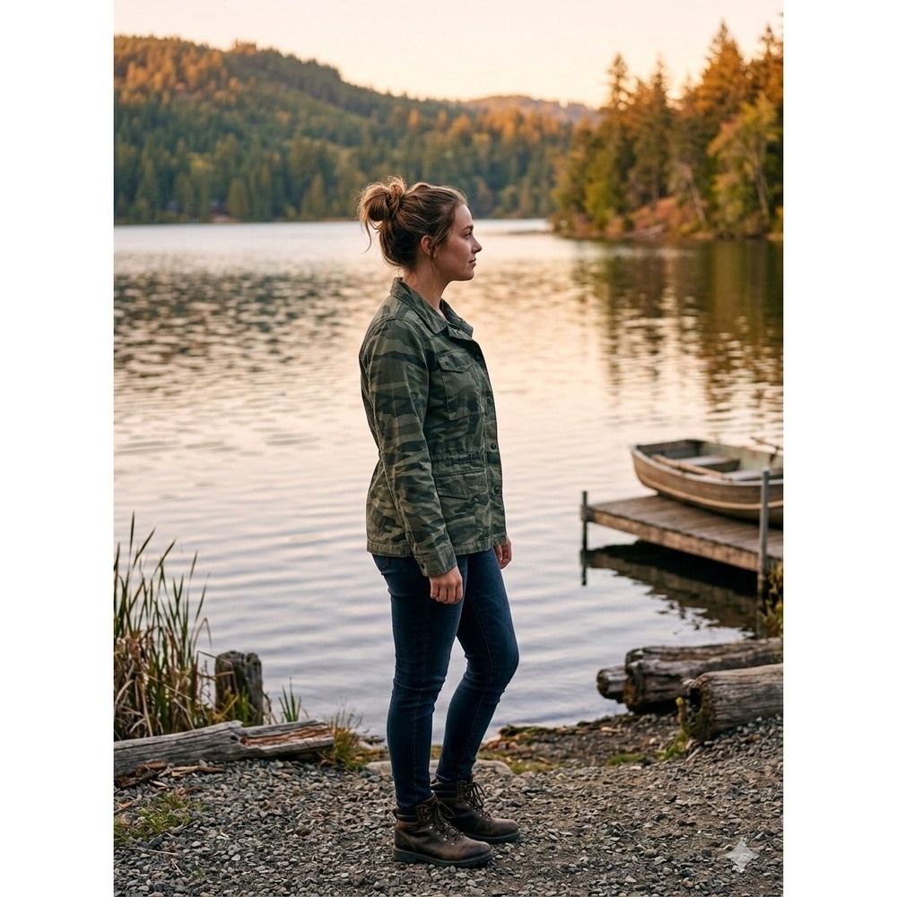 A.N.A Ladies Camouflage Utility Jacket. Full Zip And Snap. Cargo Pockets Size XL